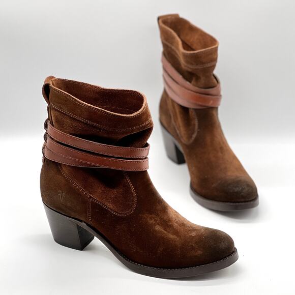 FRYE Jane Strappy Short Boot Womens 10 Brown Suede Leather Ankle Heeled Distress - Picture 1 of 12